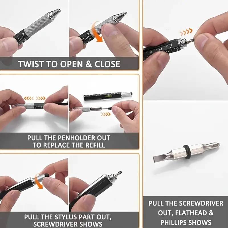 7 in 1 tool pen (stainless steel metal) Pen For Construction Tools, Gift Tool Pen, Multifunctional Technology Pen With Black Ballpoint Pen, Ruler, Handwriting Pen, Level, Screwdriver For Mens Gifts