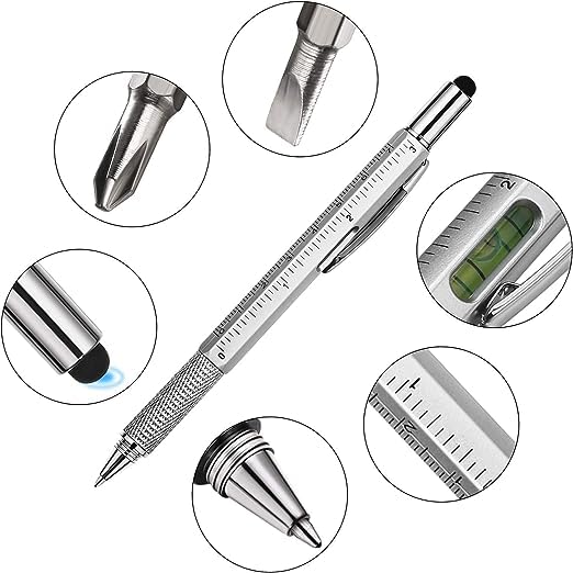 7 in 1 tool pen (stainless steel metal) Pen For Construction Tools, Gift Tool Pen, Multifunctional Technology Pen With Black Ballpoint Pen, Ruler, Handwriting Pen, Level, Screwdriver For Mens Gifts