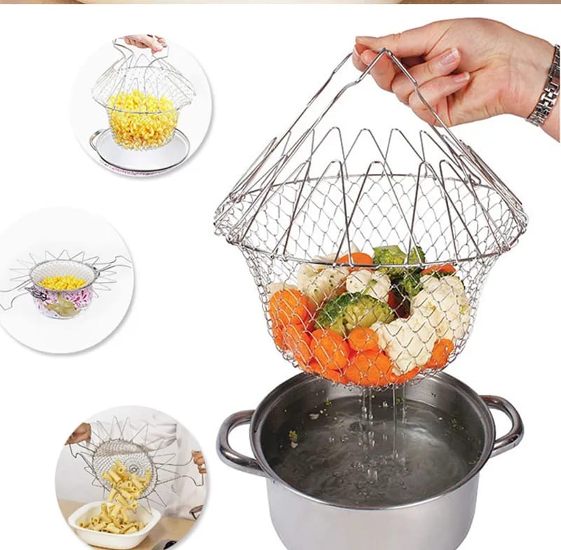 Stainless Steel Multi-functional Foldable Cooking Chef Basket Deluxe Kitchen Colander, Mesh Steam Rinse Strain Fry Basket Deep Fryer