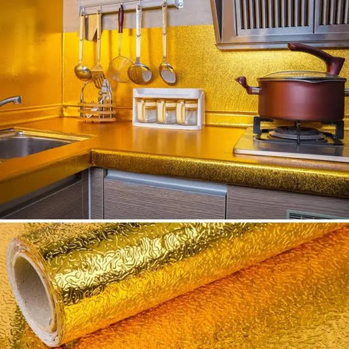 (size: 60*2m) – Golden Foil Kitchen Wallpaper Stickers, Peel & Stick Aluminum Foil Wall Paper, Self-adhesive Oil Proof Waterproof Sticker For Kitchen