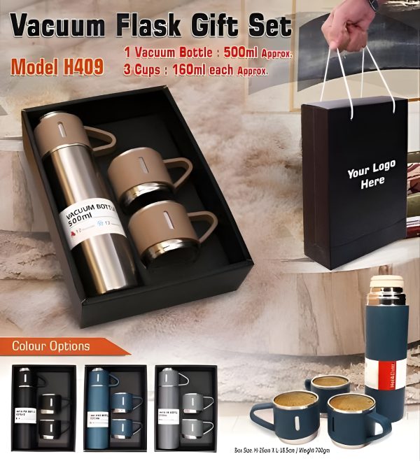 Stainless Steel Vacuum Flask Set – 500ml With 3 Cups (gift Box ) (random Color)