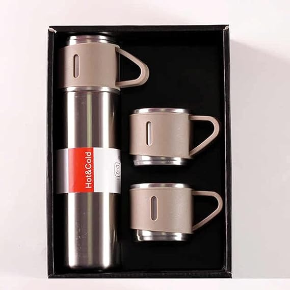 Stainless Steel Vacuum Flask Set – 500ml With 3 Cups (gift Box ) (random Color)