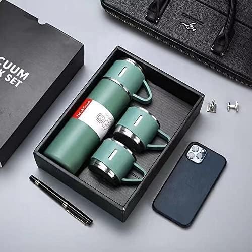 Stainless Steel Vacuum Flask Set – 500ml With 3 Cups (gift Box ) (random Color)