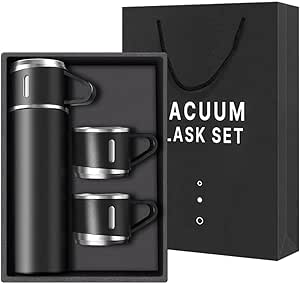 Stainless Steel Vacuum Flask Set – 500ml With 3 Cups (gift Box ) (random Color)